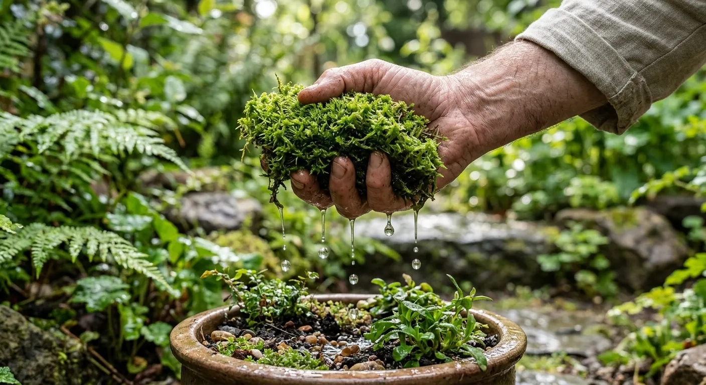 Regenwasser fließt aus einer Dachrinne in einen naturnahen Garten